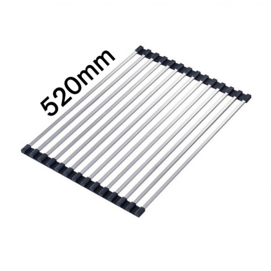 520x340mm Kitchen Sink Drainer Mat Stainless Steel Colander Caddy Dish Rollers Black